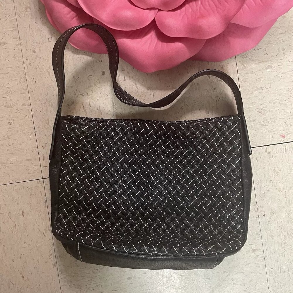ELLIOTT LUCCA Black Leather Woven Small Shoulder Bag Visible‎ Stitching